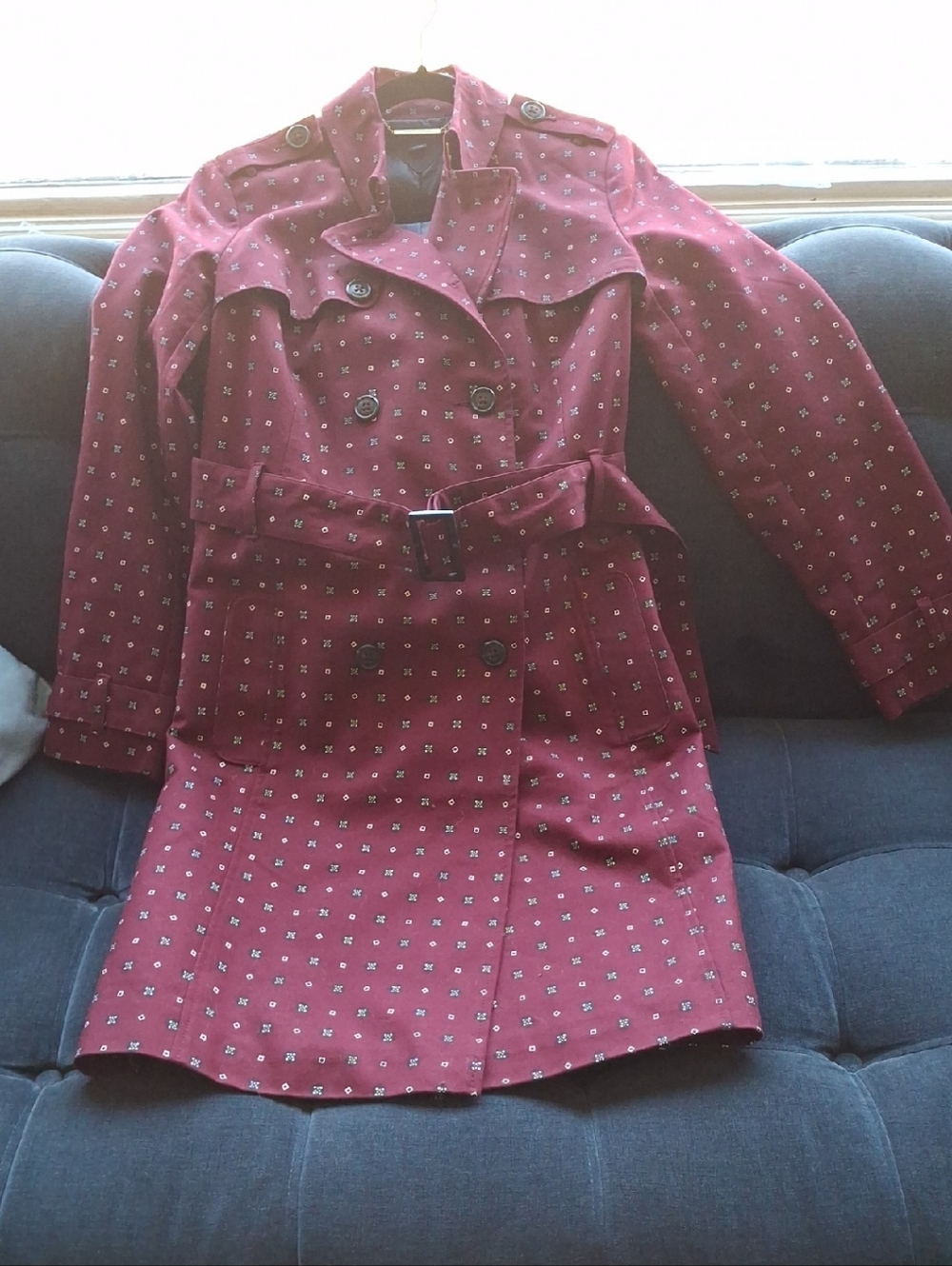 Tommy Hilfiger Burgundy Printed Double-Breasted Trench Coat